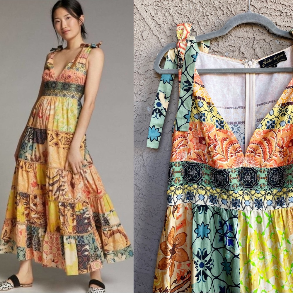 ANTHROPOLOGIE Geisha Designs Rosalina Patchwork  Boho Floral Beaded Maxi Dress
